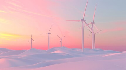 Cute 3D render of a wind farm set against a colorful sky  AI generated illustration