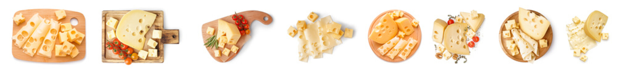 Set of tasty Swiss cheese on white background, top view