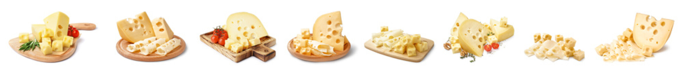 Set of tasty Swiss cheese on white background