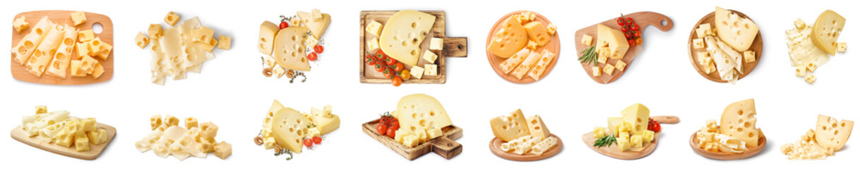 Set of tasty Swiss cheese on white background