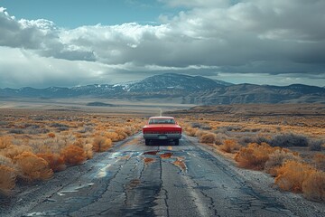 Red car speeds through desert on dirt road under cloudy sky - Powered by Adobe