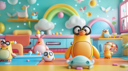 Cute and whimsical characters in a 3D render of an educational environment  AI generated illustration