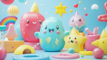 Cute characters and shapes in a playful 3D style  AI generated illustration