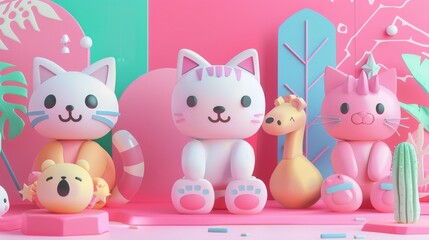 Cute characters in a 3D style with a Memphis design  AI generated illustration - obrazy, fototapety, plakaty