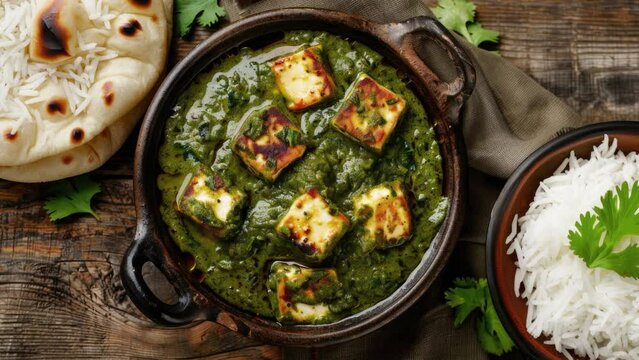 Delicious Bowl of Indian Palak Panner on a Wooden Table with Rice and Naan