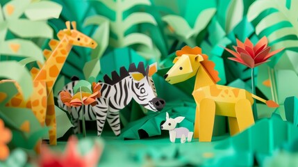 Fototapeta premium Cute paper animals interacting in a paper 3D world AI generated illustration
