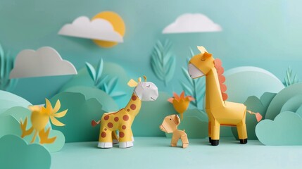 Cute paper animals interacting in a paper 3D world  AI generated illustration - obrazy, fototapety, plakaty
