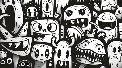 an illustration depicting bright cartoons carachters, doodle style minimalistic , playful smiling character design, black and white palette, illustration