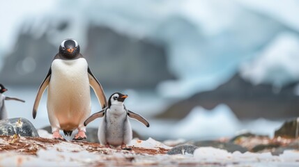 Cute penguin family waddling across Antarctica  AI generated illustration