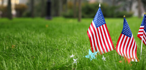 USA flags and stars outdoors. Memorial Day celebration