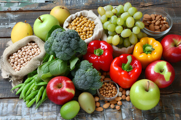 Variety of Fresh, Ripe and Healthy Foods Displayed on a Rustic Wooden Table