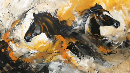 Gold and black horses on canvas.
