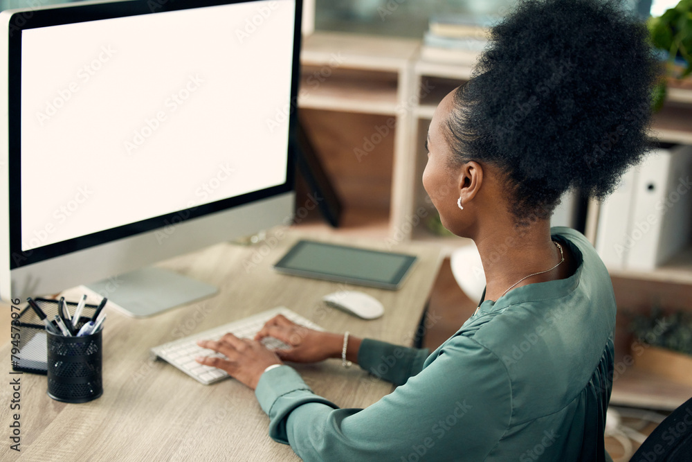 Poster office, black woman and typing on computer with screen for online research and information as hr man