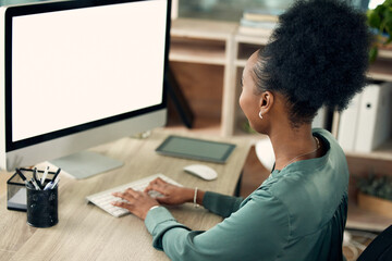 Office, black woman and typing on computer with screen for online research and information as hr manager. Back view, female employee and mockup in pc for administration work, deadline and task.