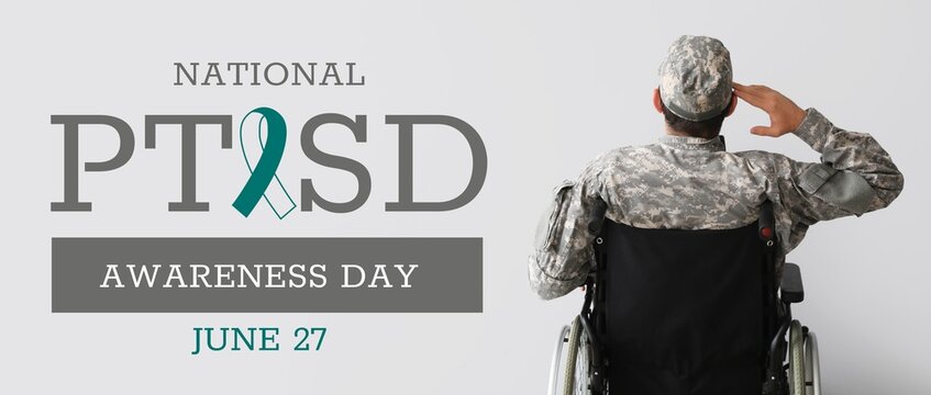 Young soldier in wheelchair on light background. Banner for National PTSD Awareness Day