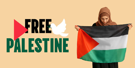 Banner with Muslim woman holding Palestinian flag