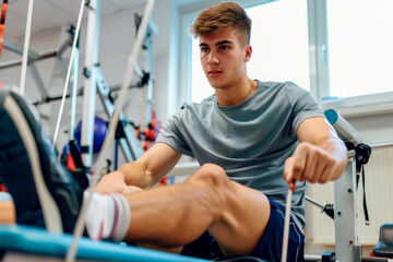 Young man doing physical therapy in office.