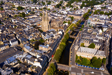 Aerial panoramic view of French commune of Quimper looking out over Gothic building of Cathedral of...