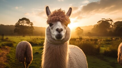 An alpaca standing in a lush green field, looking at the camera with a curious expression on its face. - obrazy, fototapety, plakaty