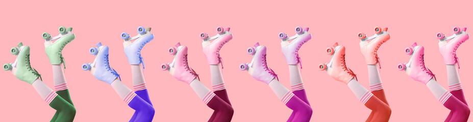 Collage of legs of young woman in bright tights and roller skates on pink  background