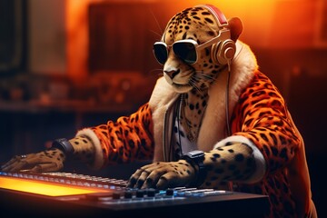 A cool anthropomorphic leopard wearing sunglasses and headphones is mixing music at a dj mixer. - obrazy, fototapety, plakaty