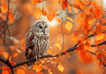 A beautiful Ural owl perched on an autumn branch, surrounded by vibrant orange leaves. The detailed feathers of the bird