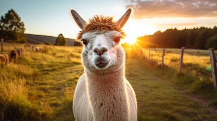 Obraz premium An alpaca standing in a lush green field at sunset with the sun's rays shining behind it.