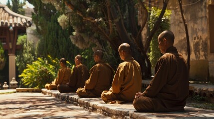 Amidst the natural beauty of the monasterys grounds a group of individuals sits in deep meditation letting go of any thoughts and finding stillness within. 2d flat cartoon. - obrazy, fototapety, plakaty
