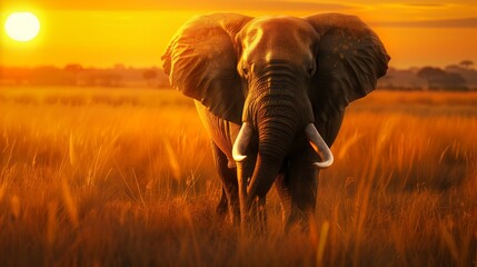 Obraz premium Noble Elephant in Savanna Sunset - Lifelike 2D Illustration with Copy Space for Text.