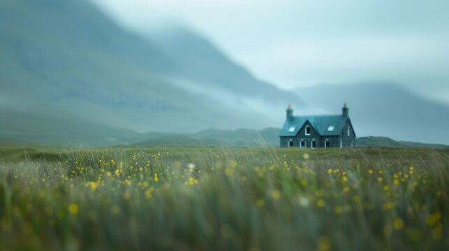 The misty mountains blur into a tranquil backdrop enhancing the peaceful solitude of this defocused image of a remote retreat in nature. .