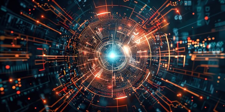 Technology ciruit board 3d portal dimension future neon ight effect.