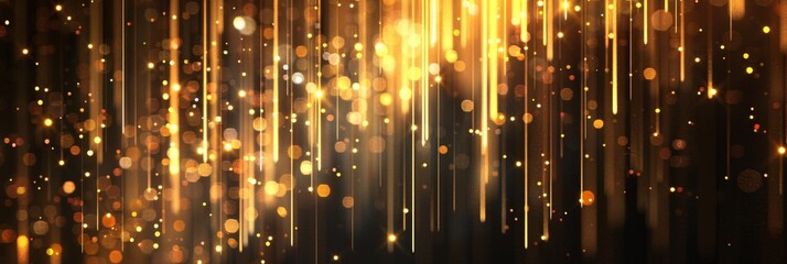 Abstract glowing gold vertical lines on a dark background with a luxurious lighting effect, enhanced by sparkles, ideal for elegant design use