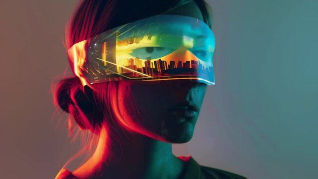 Captivating image of a female face enveloped by an aurora borealis-inspired luminous mask, merging with geometric reflections of a futuristic cityscape. 