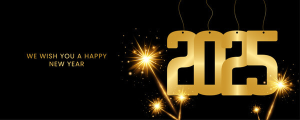 Happy New Year 2025. New year banner with fireworks and gold style text.