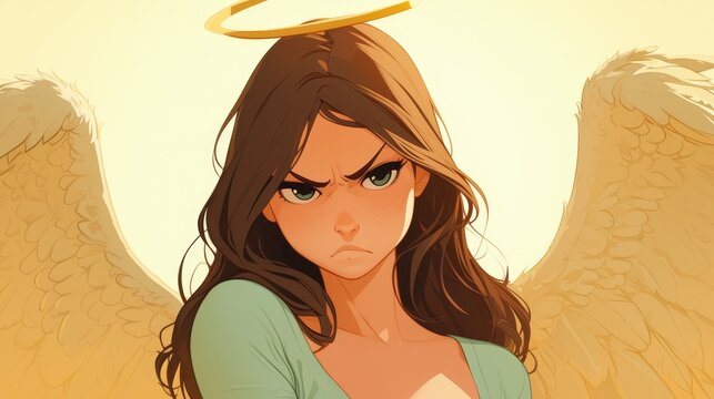 An irate female cartoon angel is portrayed visibly displeased