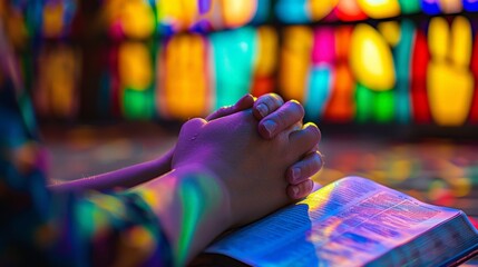 A close-up of hands entwined in prayer over a Bible, with a single beam of light illuminating the...