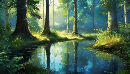  An early morning in a dense forest with a small, clear pond mirroring tall, majestic trees. 