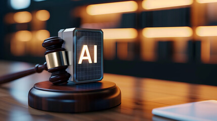 Wooden gavel on the judge's bench, metallic cube symbolizing artificial intelligence, justice, law and judicial decisions, AI