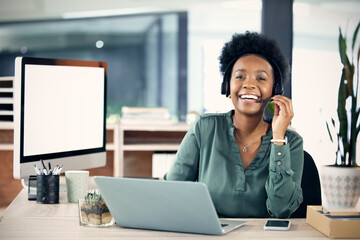 Portrait, black woman and happy with technology at call center for customer or client support and service. Office, crm and laptop or mockup screen as consultant with smile for job and career growth