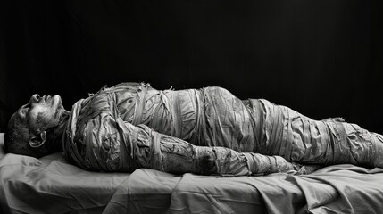 a mummy lying on a blanket