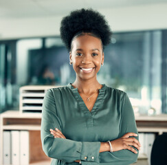 African woman, portrait and office with arms crossed, smile and confidence for goals. Creative writer, professional news editor and expert reporter for content creation, publishing and press startup - obrazy, fototapety, plakaty