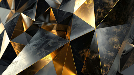 fondo abstracto dorado con negro y plata formas geometricas en 3d en tercera dimensión elegancia plantilla para diseño con espacio para copiar creatividad y arte futurista - obrazy, fototapety, plakaty