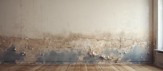 An empty room with wooden flooring and peeling paint on the wall