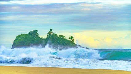 Sunrise at Playa Cocles, beautiful tropical Caribbean beach, Puerto Viejo, Costa Rica east coast and island Cocles .High quality photo.