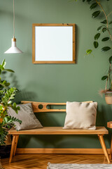 A wooden bench with two pillows on it sits in front of a green wall