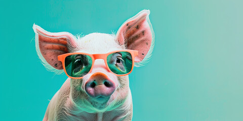 a pig wearing sunglasses with vibrant colors against a teal background, generative AI