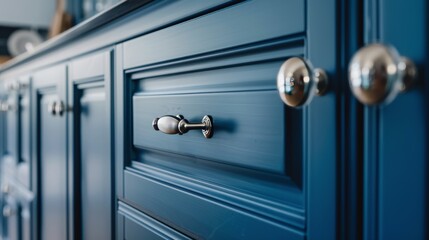 Close-up of luxurious blue kitchen cabinet doors with sleek stainless steel handles, merging modern with vintage
