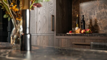 Elegant close-up of luxury wood textures on contemporary cabinet doors, set in a market environment