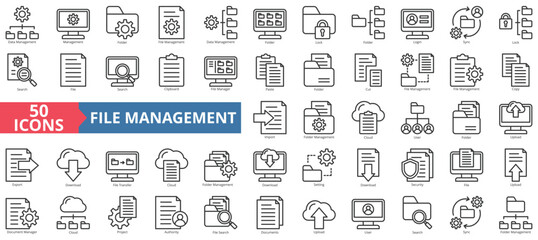 File management icon collection set. Containing data, folder, lock, login, sync, lock, search icon. Simple line vector.