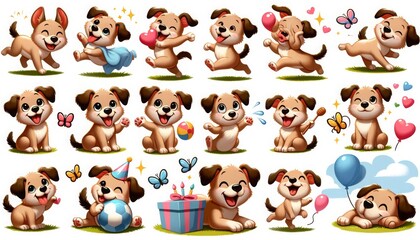 An adorable set of cartoon puppies engaged in playful activities, showcasing joyful expressions and surrounded by colorful toys and balloons.